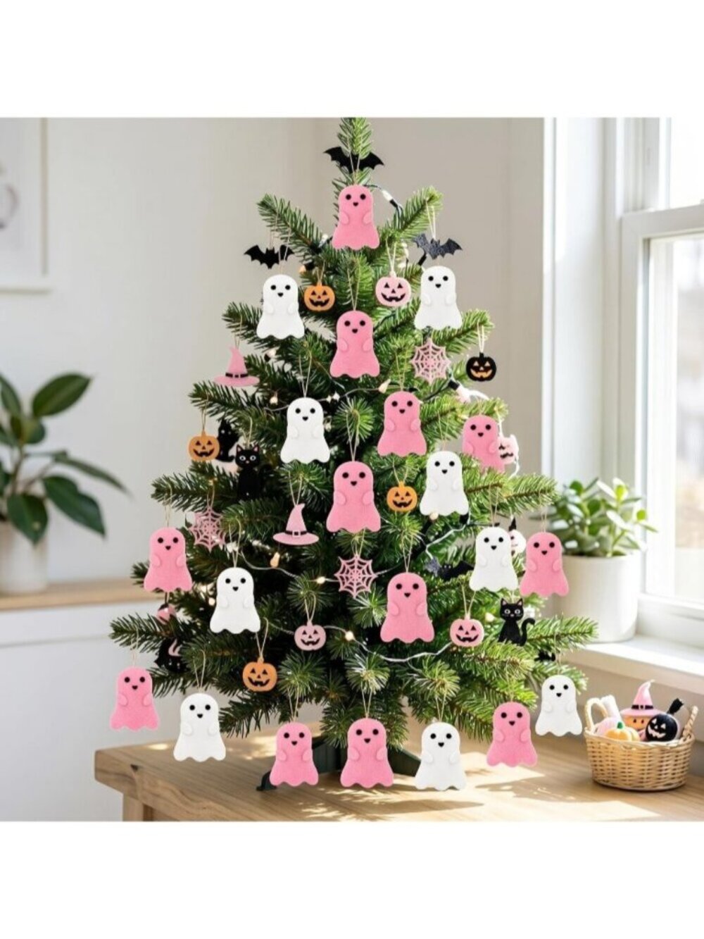 24 Pcs Halloween Ghost Hanging Ornaments Small Tree Decoration 2.4" White Pink - Picture 4 of 7